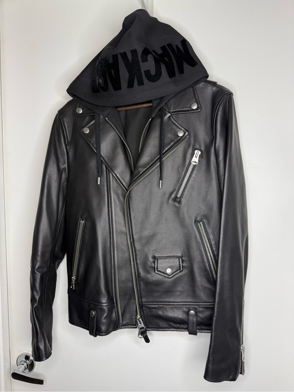 Mackage Black Leather Biker Jacket with Hooded Insert